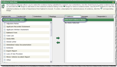 Evidence Tab Sections