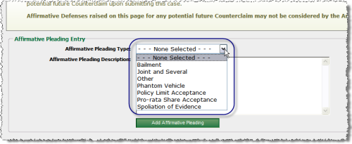 Affirmative Pleading Type Drop Down